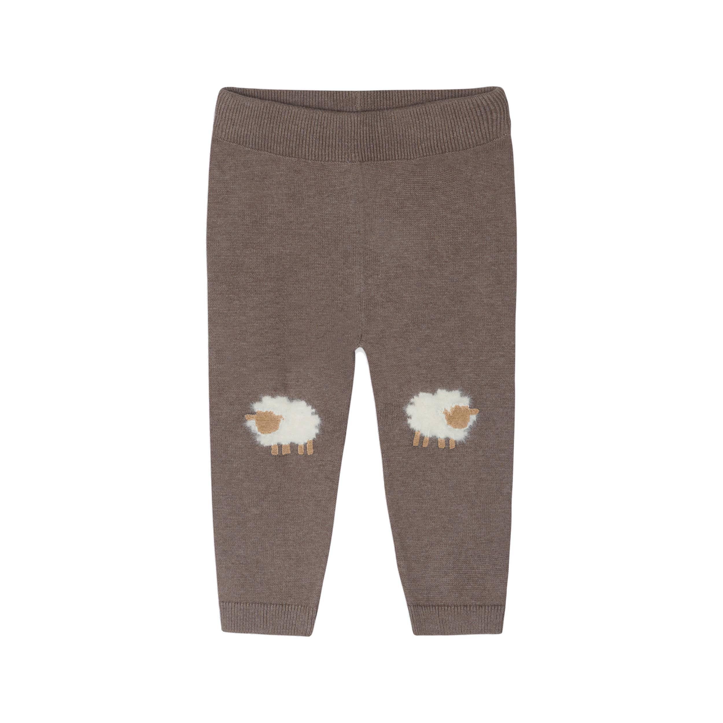 Brown baby pants with sheep designs on a white background