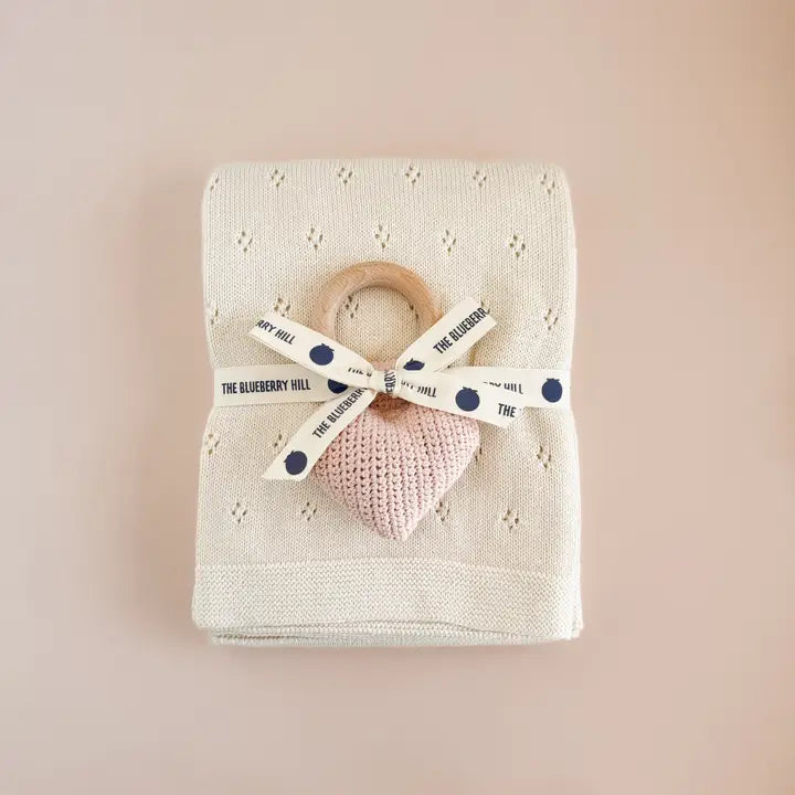 Pique Blanket & Heart Rattle Baby Gift Set