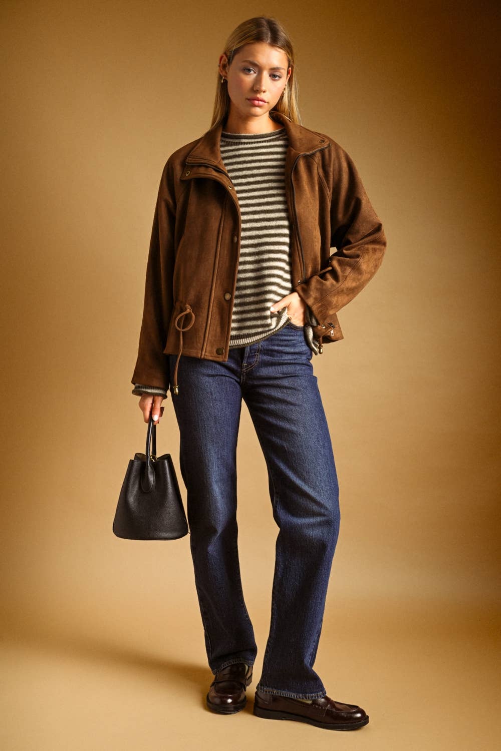 SUEDE BUTTON FRONT HIGH COLLAR JACKET