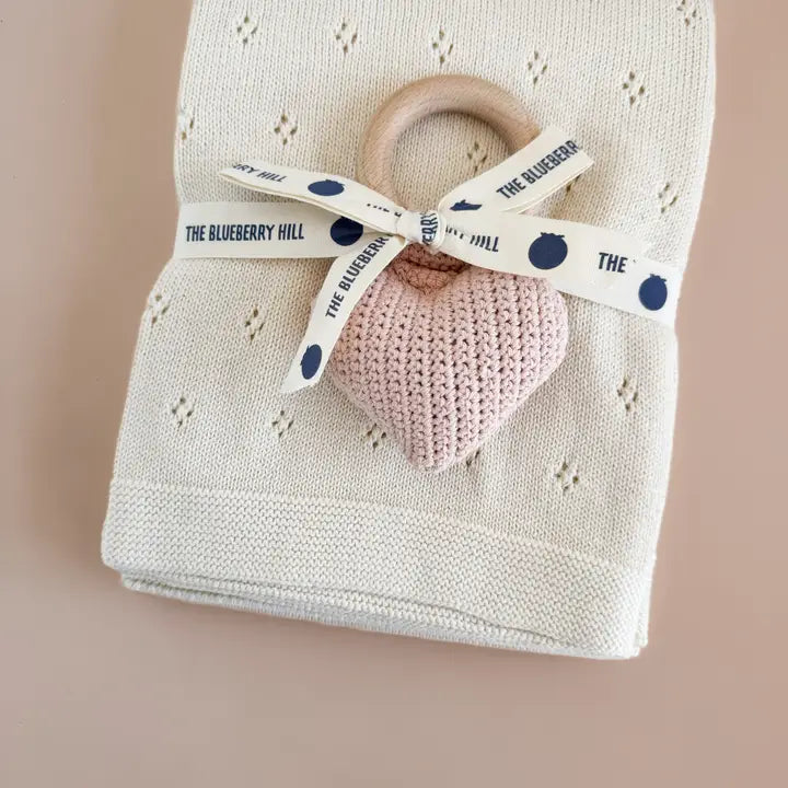 Pique Blanket & Heart Rattle Baby Gift Set