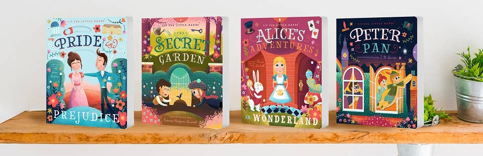 Four children's books on a wooden shelf with a white background