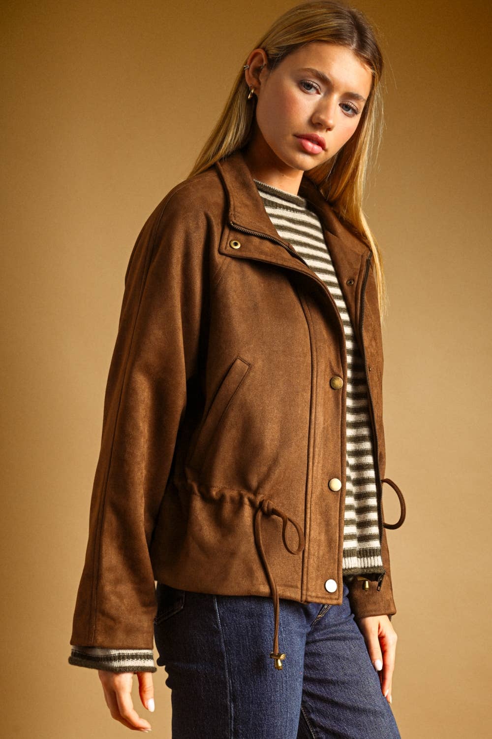 SUEDE BUTTON FRONT HIGH COLLAR JACKET