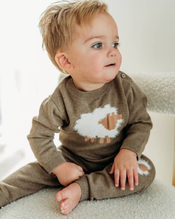Baby wearing a brown outfit with a sheep design on a light background