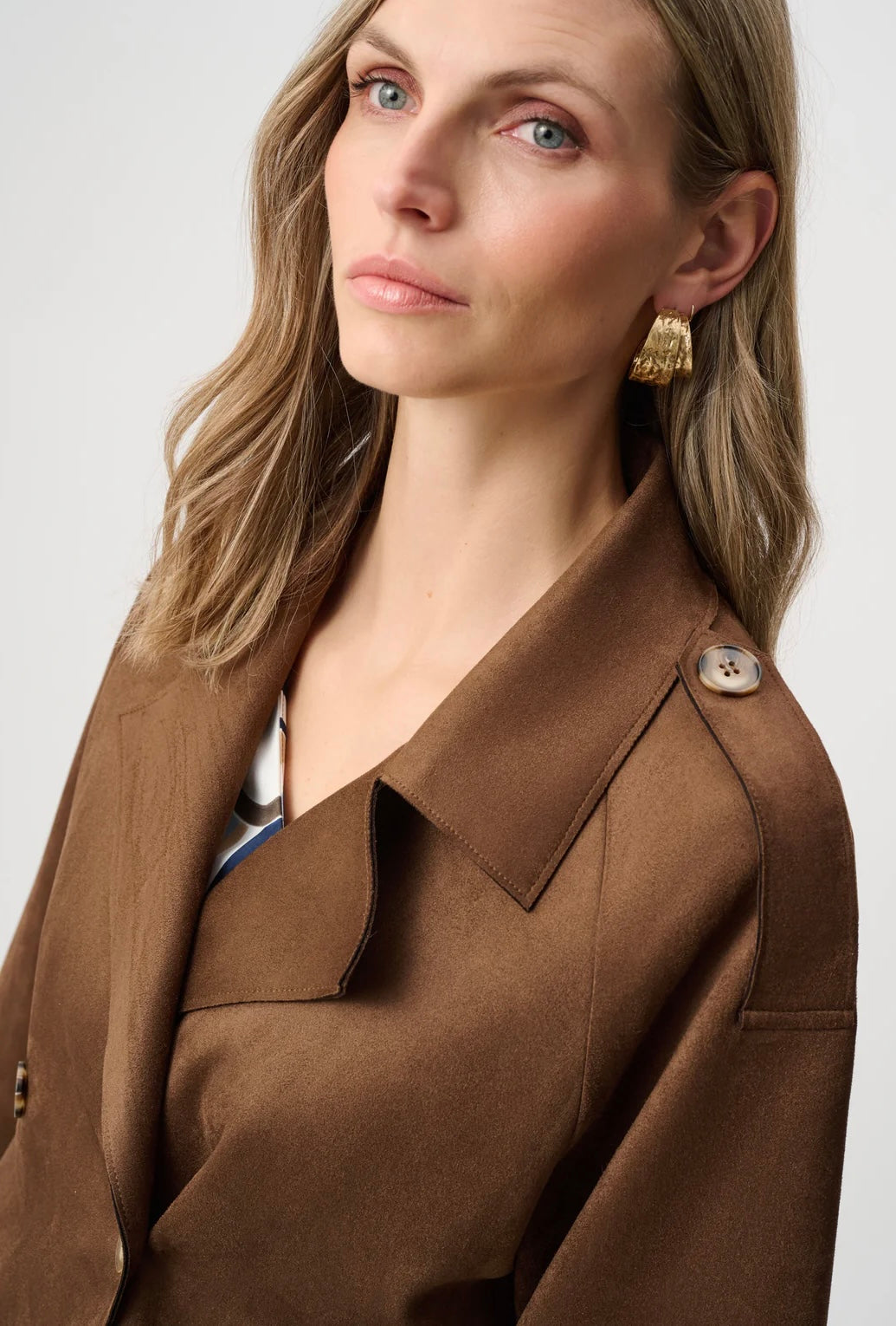 Joseph Ribkoff Women's Scuba Suede Boxy Jacket in caramel brown, full-length front view styled with wide-leg dark denim jeans