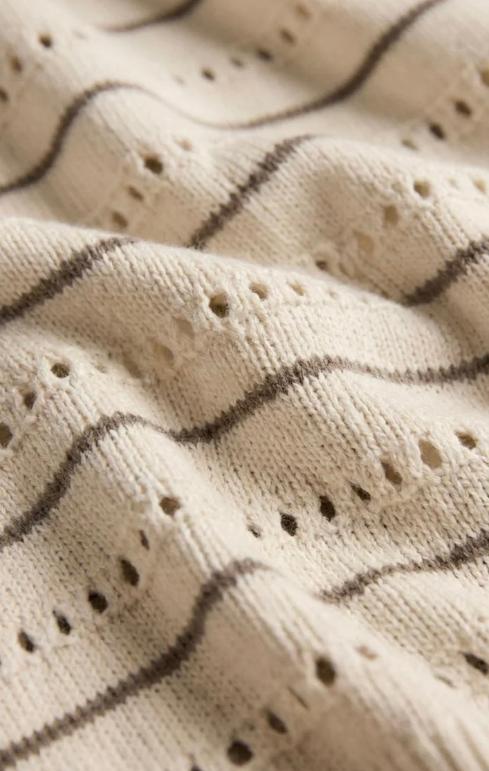 Z Supply Darby Stripe Pointelle Sweater in cream with taupe stripes, full-length front view styled with white denim shorts and strappy sandals