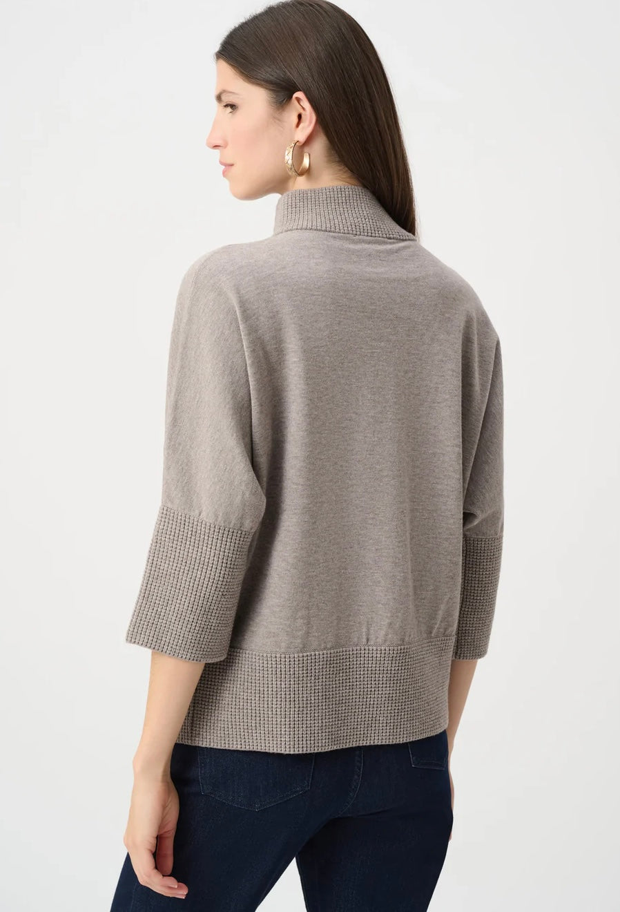 Joseph Ribkoff Brushed Viscose Nylon Funnel-Neck Sweater in taupe, full-length front view styled with dark navy flare jeans and brown heels