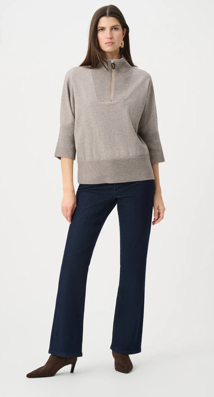 Joseph Ribkoff Brushed Viscose Nylon Funnel-Neck Sweater in taupe, full-length front view styled with dark navy flare jeans and brown heels