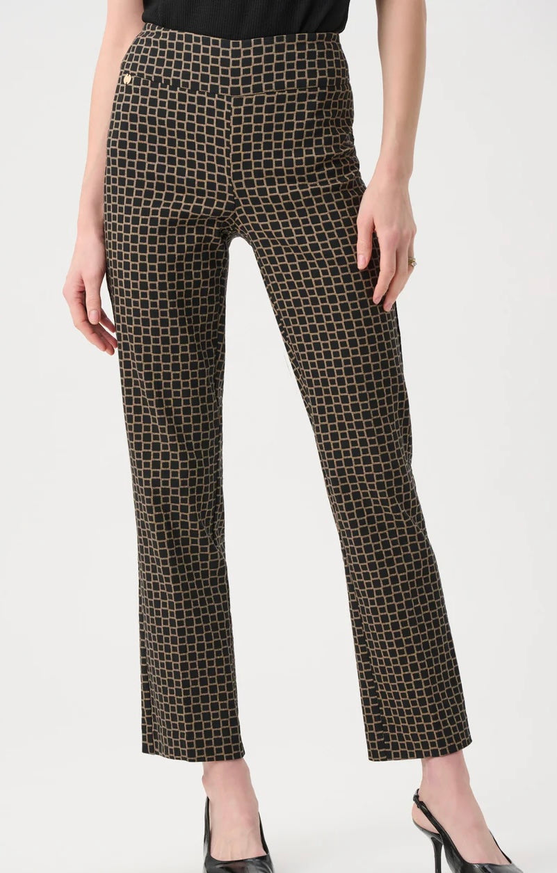 Joseph Ribkoff Geometric Jacquard Straight Pull-On Pant in black and gold, full-length front view styled with black sleeveless turtleneck and black slingback heels