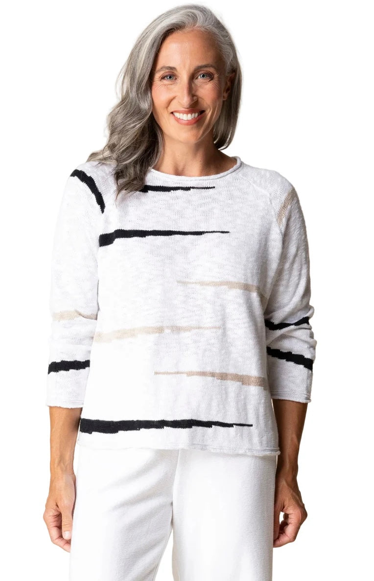 Habitat Boardwalk Pullover in white with grey and blush stripe, full-length front view styled with white wide-leg culottes and white slide sandals