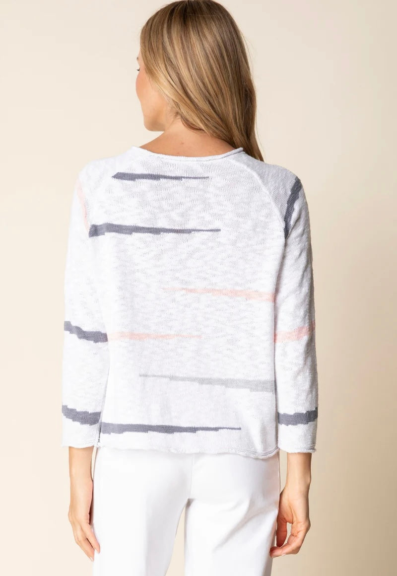 Habitat Boardwalk Pullover in white with grey and blush stripe, full-length front view styled with white wide-leg culottes and white slide sandals