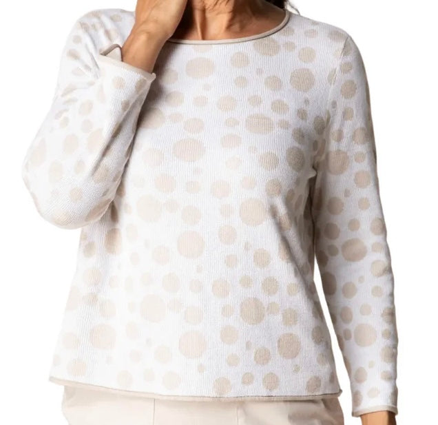 Front view — "Habitat Women's Connect The Dots Pullover in white with tan dot print, front view, model smiling with hands in pockets"
Front three-quarter — "Habitat Women's Connect The Dots Pullover in white with tan dot print, front three-quarter view, model touching neckline"
Back view — "Habitat Women's Connect The Dots Pullover in white with tan dot print, back view showing relaxed fit and dot pattern"
Back close-up — "Habitat Women's Connect The Dots Pullover in white with tan dot print, close-up back