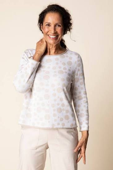 Front view — "Habitat Women's Connect The Dots Pullover in white with tan dot print, front view, model smiling with hands in pockets"
Front three-quarter — "Habitat Women's Connect The Dots Pullover in white with tan dot print, front three-quarter view, model touching neckline"
Back view — "Habitat Women's Connect The Dots Pullover in white with tan dot print, back view showing relaxed fit and dot pattern"
Back close-up — "Habitat Women's Connect The Dots Pullover in white with tan dot print, close-up back