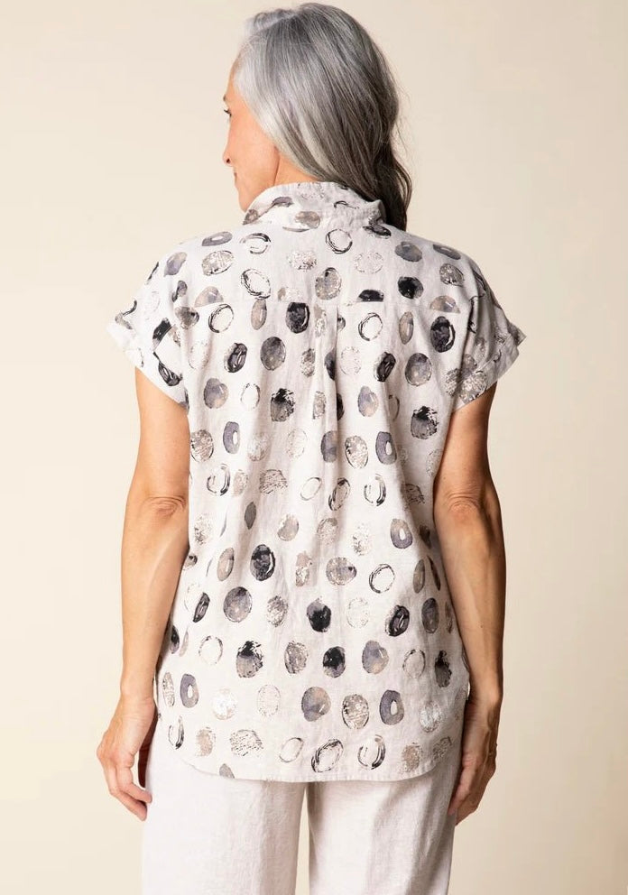 Habitat Women's Everywhere Shirt in oatmeal with watercolor dot print, front view, cap sleeves and button front"