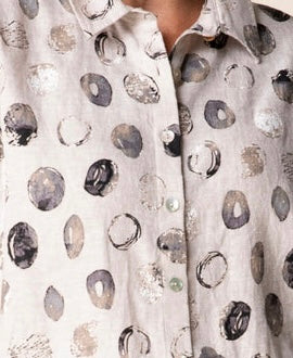 Habitat Women's Everywhere Shirt in oatmeal with watercolor dot print, front view, cap sleeves and button front"