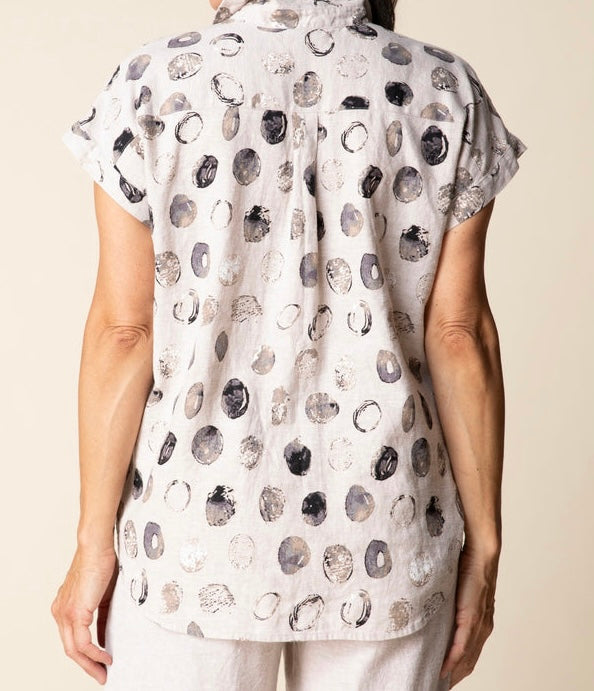 Habitat Women's Everywhere Shirt in oatmeal with watercolor dot print, front view, cap sleeves and button front"