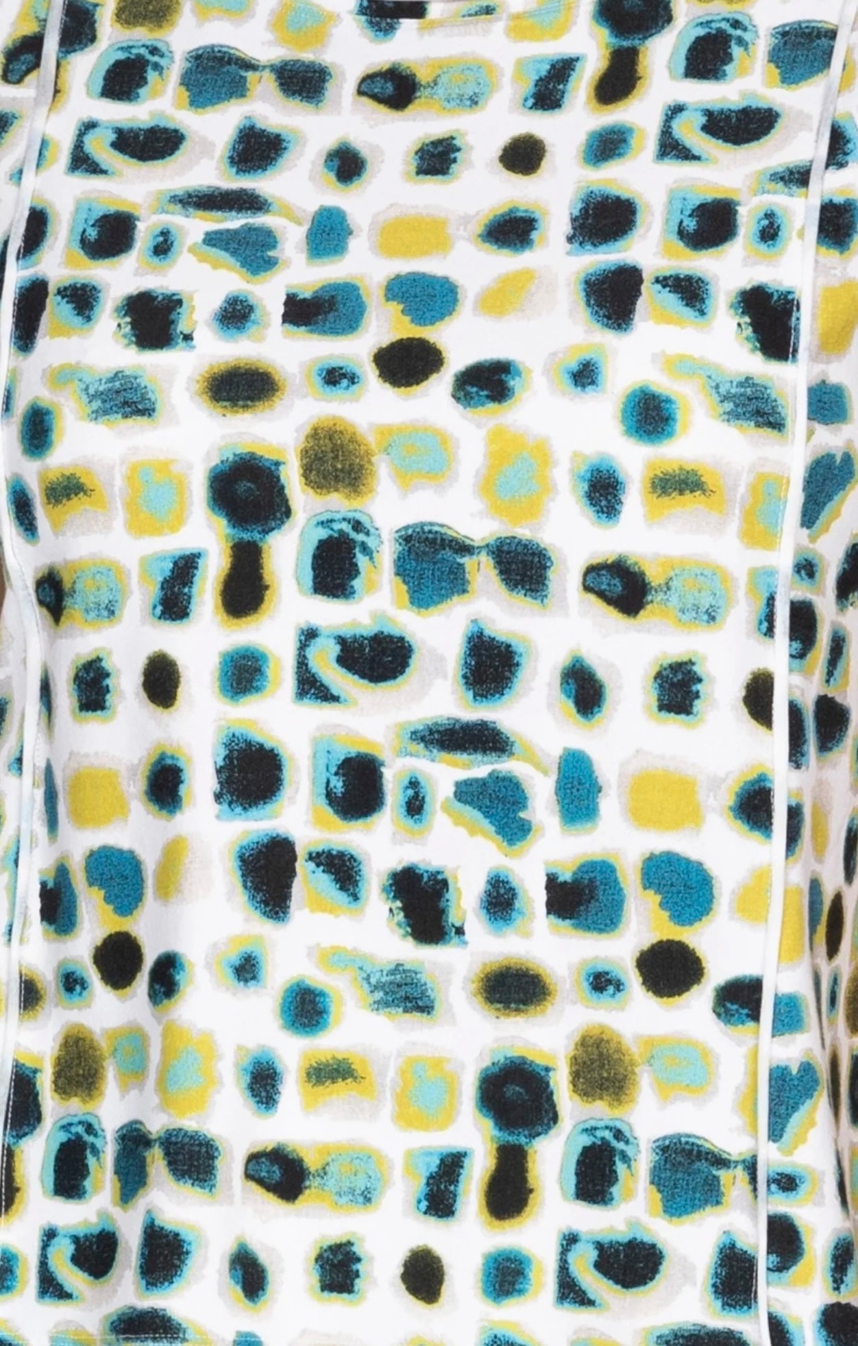 Image 1 (front, full): "Women's dot print knit tee in teal, yellow, and black on white background, front view, round neckline, short sleeves"
Image 2 (back, full): "Women's dot print knit tee in teal, yellow, and black, back view showing relaxed silhouette and short sleeves"
Image 3 (front, torso crop): "Women's dot print knit tee, front torso close-up showing round neckline and abstract dot pattern in teal, yellow, and black"
Image 4 (neckline detail): "Close-up detail of women's knit tee neckline and abst