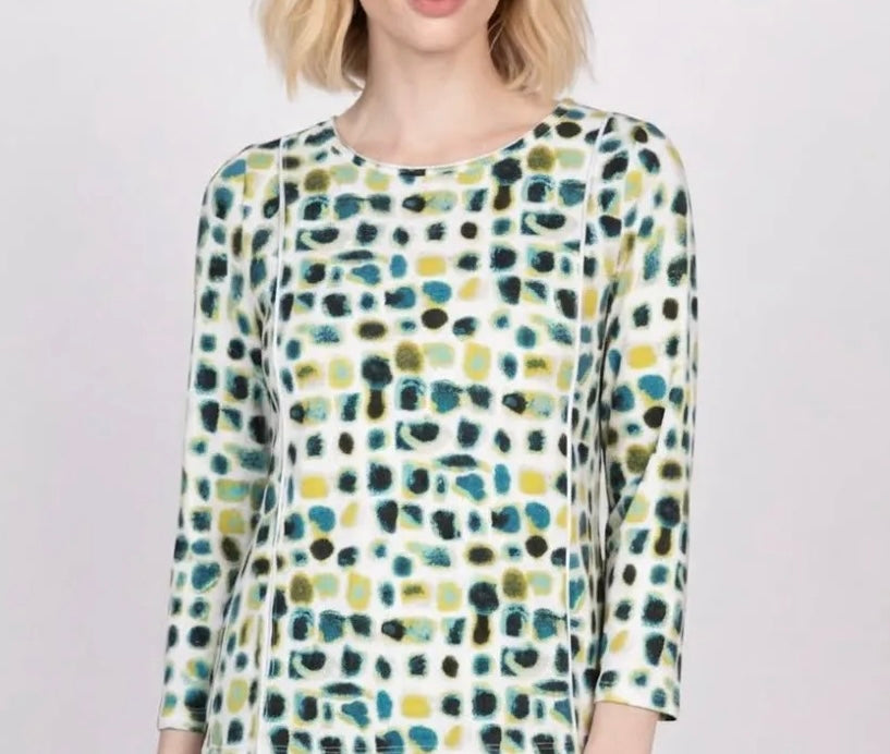 Image 1 (front, full body): Women's essential knit dot layer tee in teal, olive, and yellow dot print with 3/4 sleeves, front view
Image 2 (front, cropped torso): Close-up of women's knit dot layer tee showing teal, olive, and yellow abstract dot pattern with 3/4 sleeves
Image 3 (front, mid-crop): Women's knit dot layer tee in multicolor dot print, scoop neckline and 3/4 sleeves, cropped front view
Image 4 (fabric detail): Detail of abstract dot print fabric in teal, yellow, and black on white knit, women's