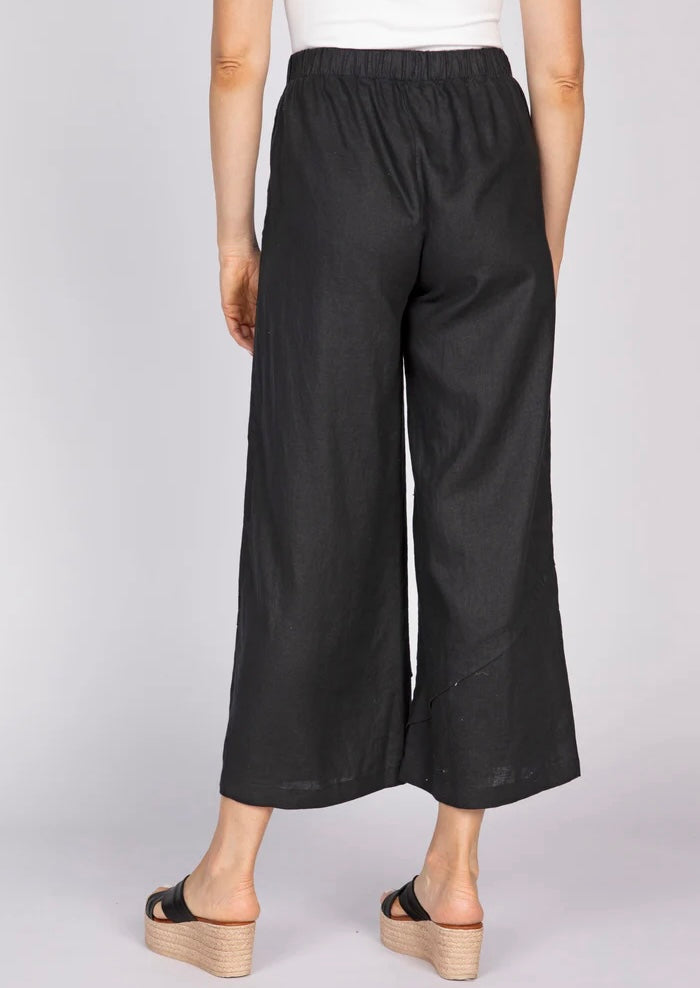 Olivia by Habitat women's black linen crossroads seamed pant with angled pleating and full elastic waist