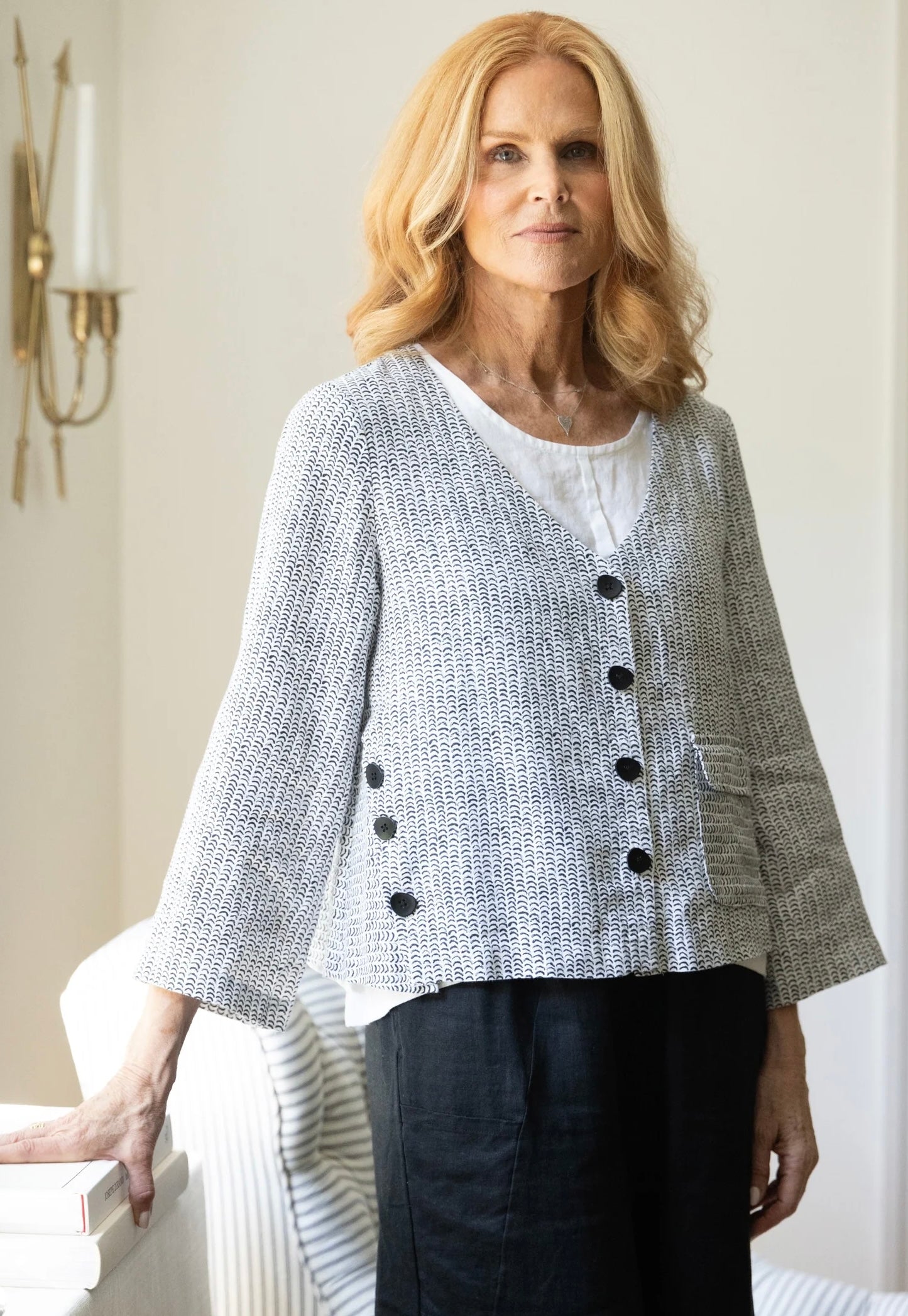 Olivia Women's Flax Stripe Button Jacket with black buttons and wide sleeves, three-quarter front view