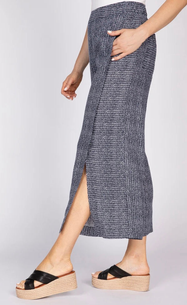 Olivia by Habitat Gemma Flood navy print linen pant, side view highlighting side slit and wide-leg silhouette