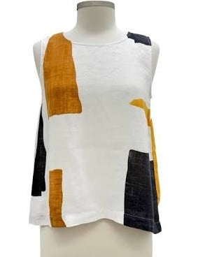 Olivia Women's Coastal Colorblock Sunset Tank front view on mannequin, white linen with amber and navy hand-painted colorblock print