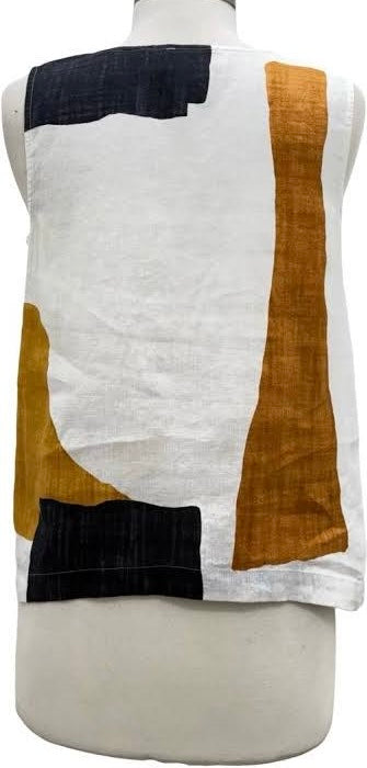Olivia Women's Coastal Colorblock Sunset Tank back view on mannequin, white linen with amber and navy abstract colorblock pattern