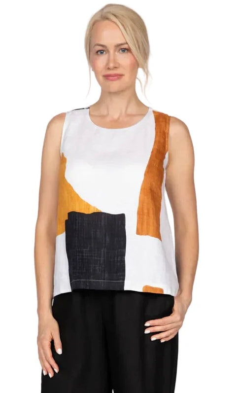 Olivia Women's Coastal Colorblock Sunset Tank in white with hand-painted amber and navy abstract print, front view on model
