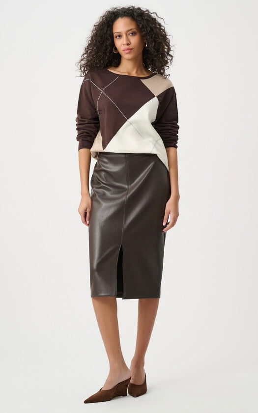 "Joseph Ribkoff Women's Classic Crewneck Sweater in chocolate brown, taupe, and cream argyle colorblock, three-quarter front view on curly-haired model styled with brown faux leather pencil skirt, white background"
