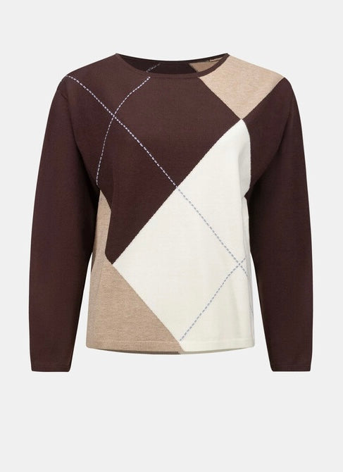 "Joseph Ribkoff Women's Classic Crewneck Sweater in chocolate brown, taupe, and cream argyle colorblock, flat lay product shot showing crewneck, long sleeves, and large diamond colorblock pattern, white background"