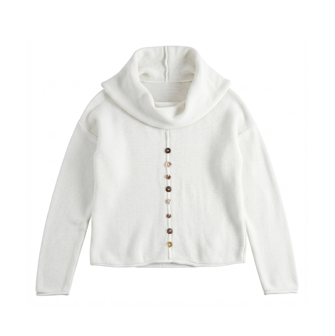 An off-white knit cowl-neck cardigan sweater with a button-down front featuring decorative wooden buttons, displayed on a clean white background.