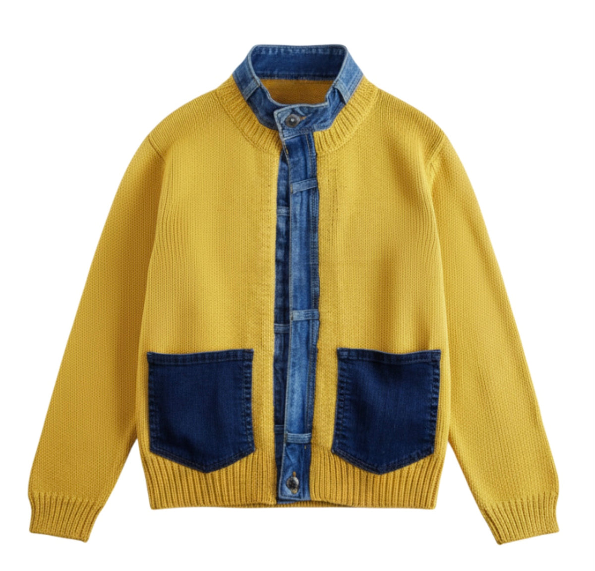 A yellow knit cardigan sweater with a denim button-up collar, front placket, and two large denim patch pockets, shown on a plain white background.