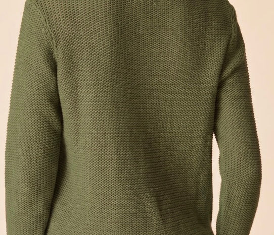An olive green textured knit sweater shown from the back, featuring a ribbed collar and long sleeves, set against a plain light beige background.