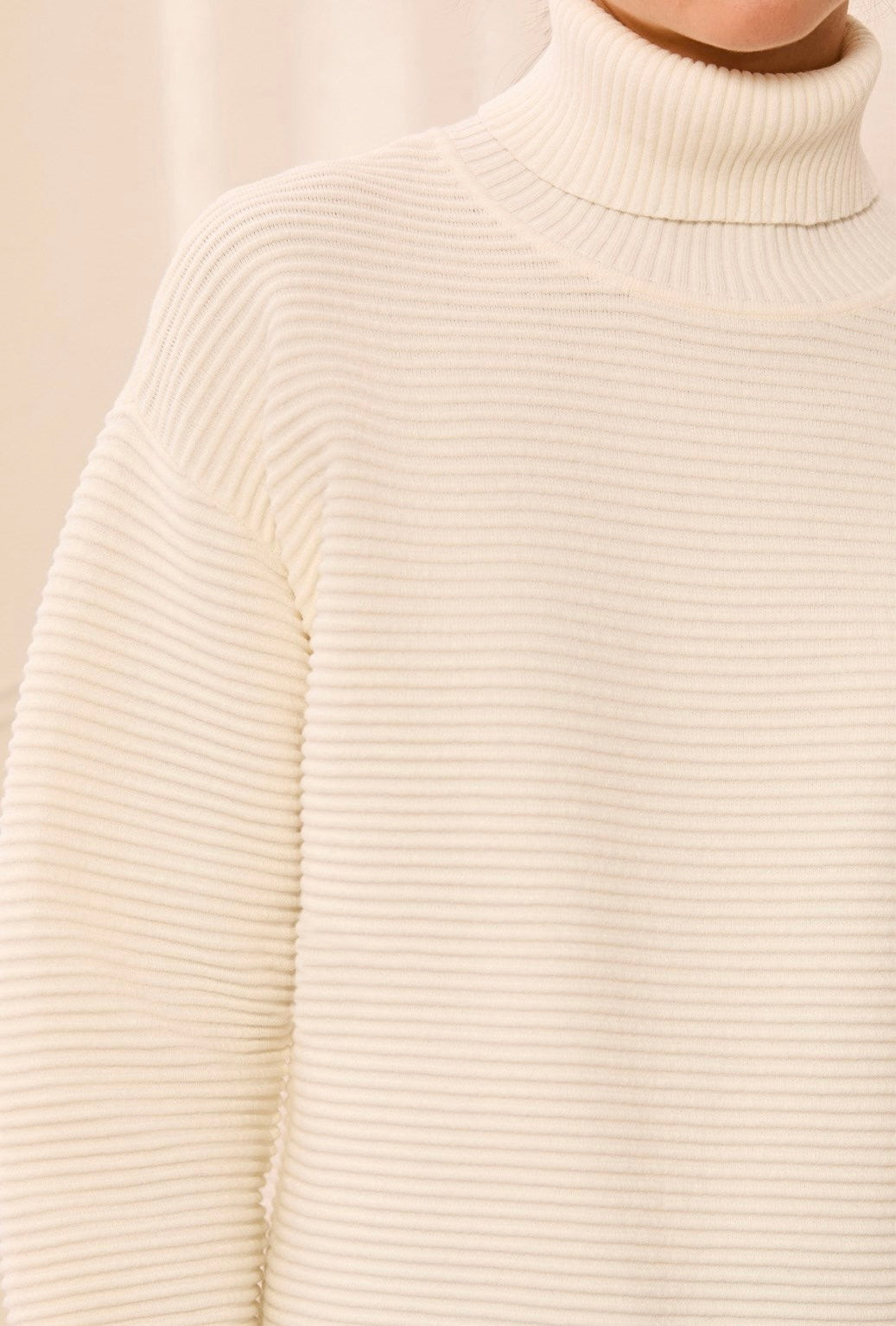 Close-up of a cream ribbed knit turtleneck sweater worn by a model, showing the texture and collar detail. - OLIVIA'S