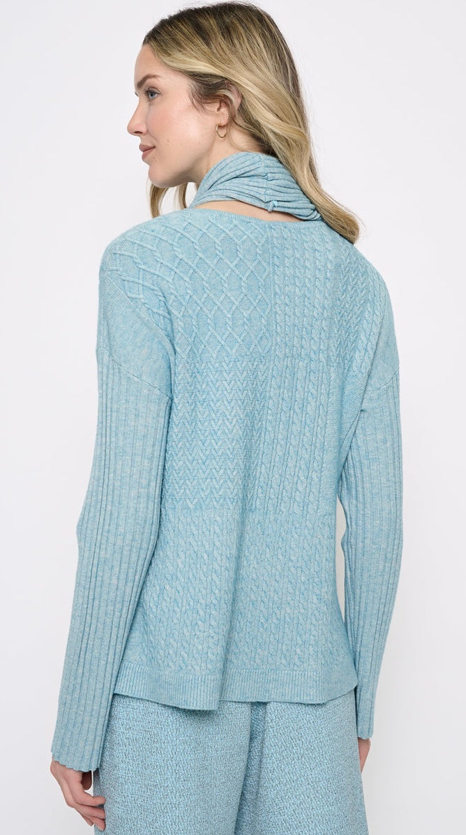 A woman shown from the back wearing a light blue textured knit cardigan with a high folded collar and matching knit pants against a plain white studio background. - OLIVIA'S