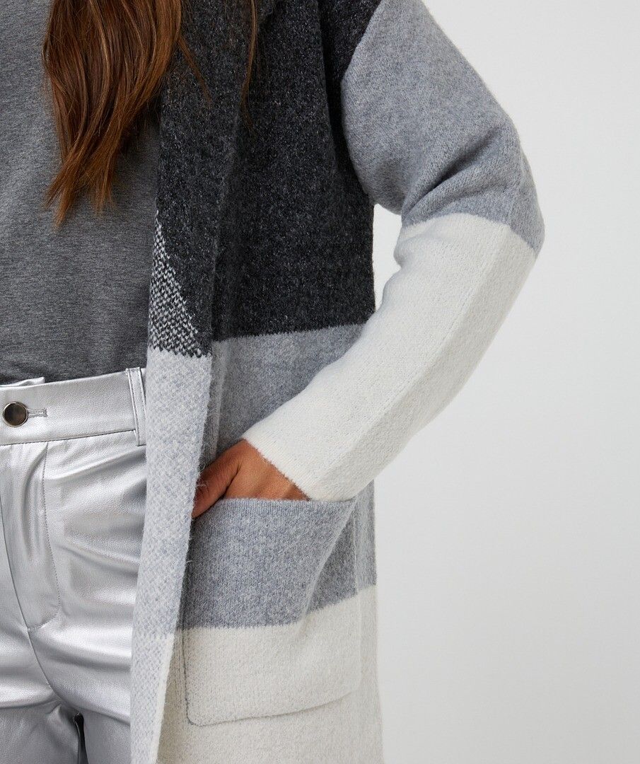 Long Color Block Cardi - Blk/Grey