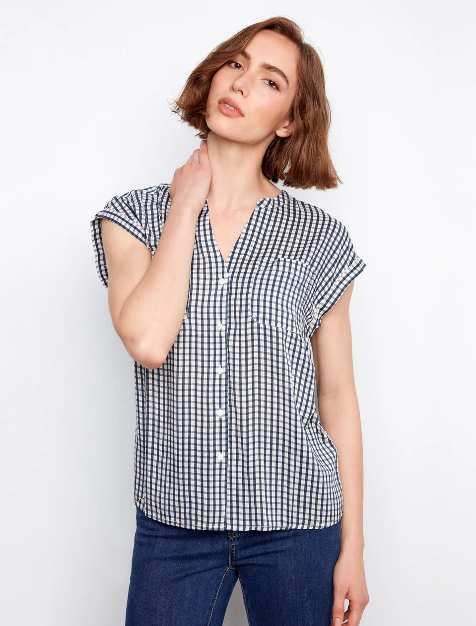 Charlie B Printed Gingham Button-Up Blouse