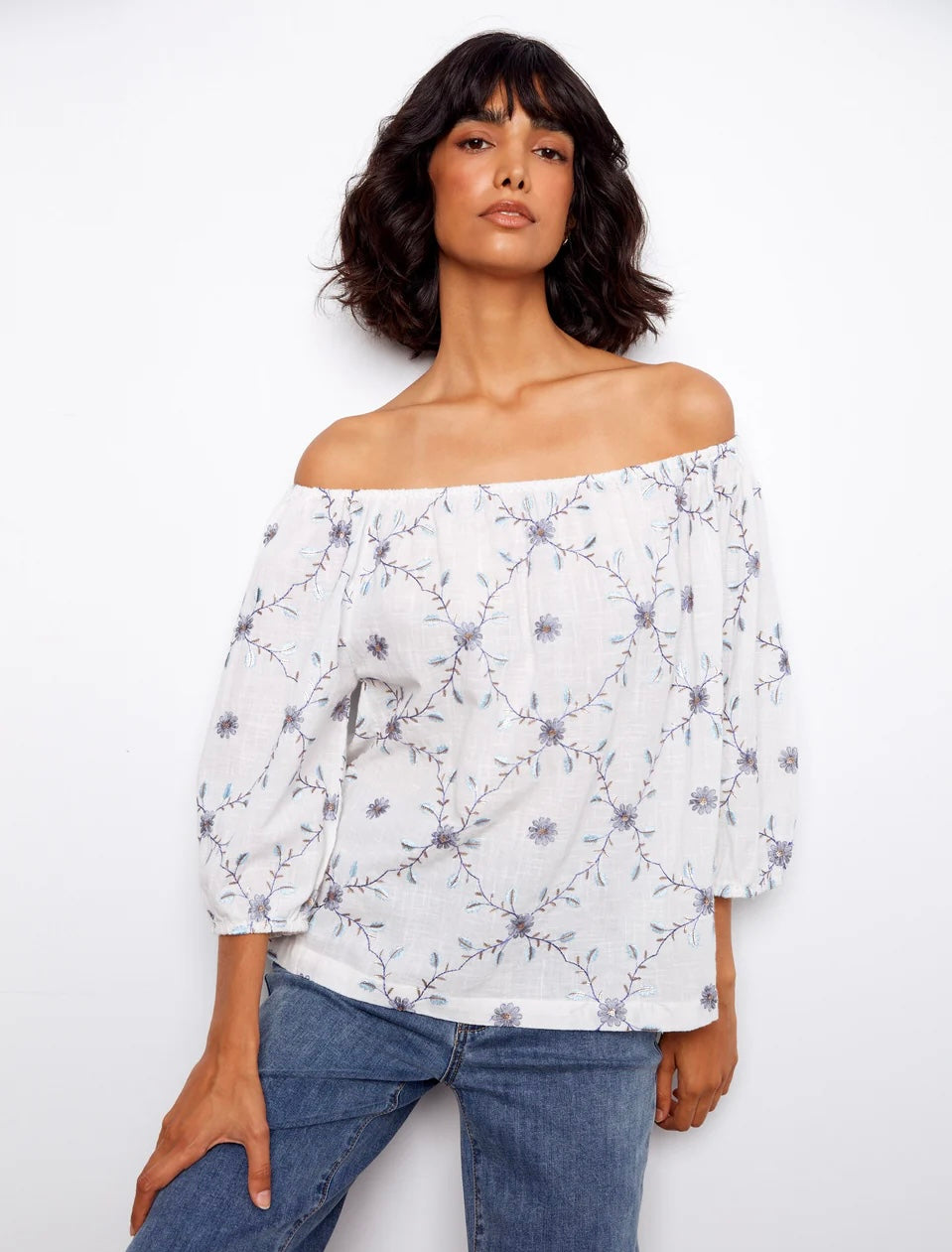 Charlie B Embroidered Cotton Off-Shoulder Blouse