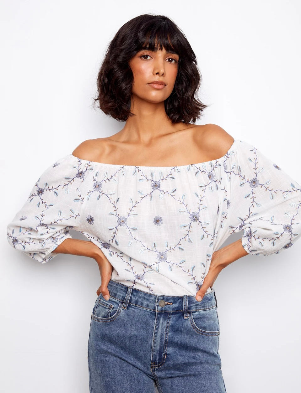 Charlie B Embroidered Cotton Off-Shoulder Blouse