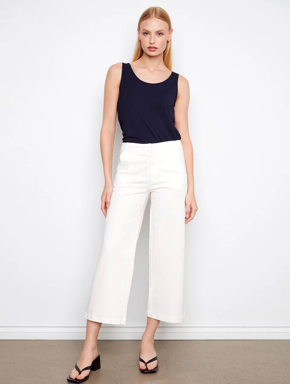 Charlie B Wide Leg Twill Pants With Scalloped Edges