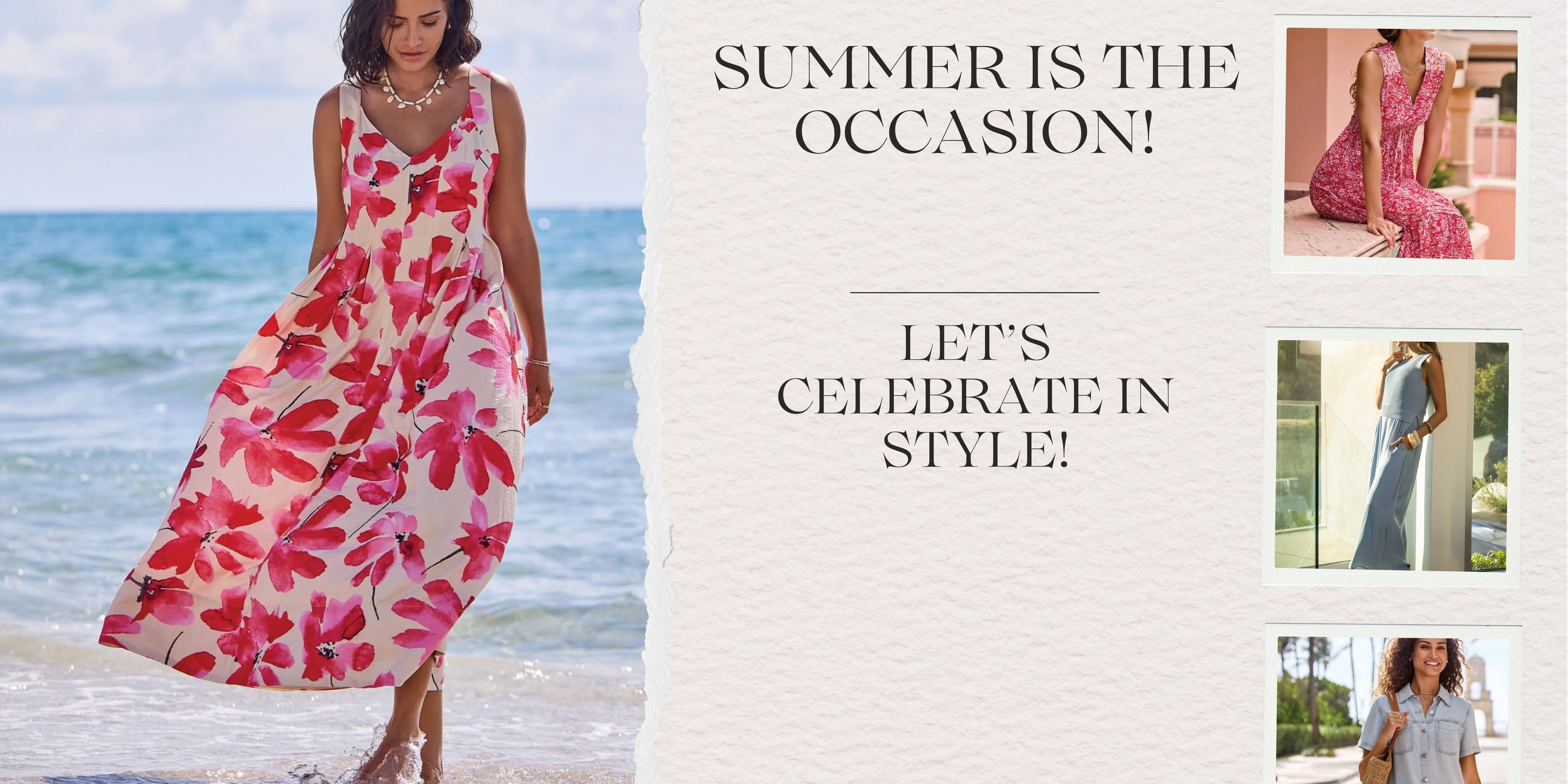 Woman in a floral dress on a beach with promotional text about summer fashion.
