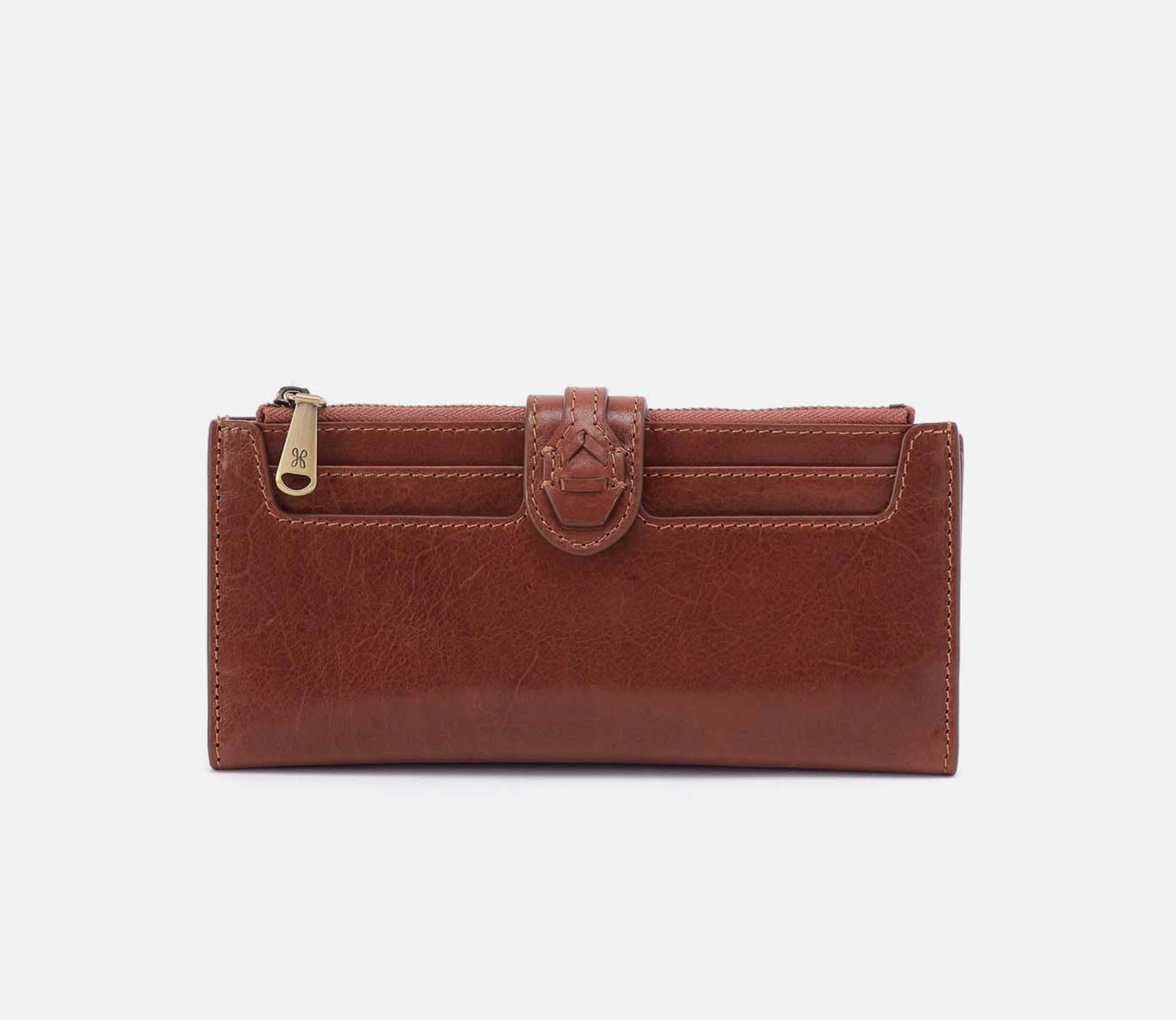 Brown leather wallet with a clasp on a white background