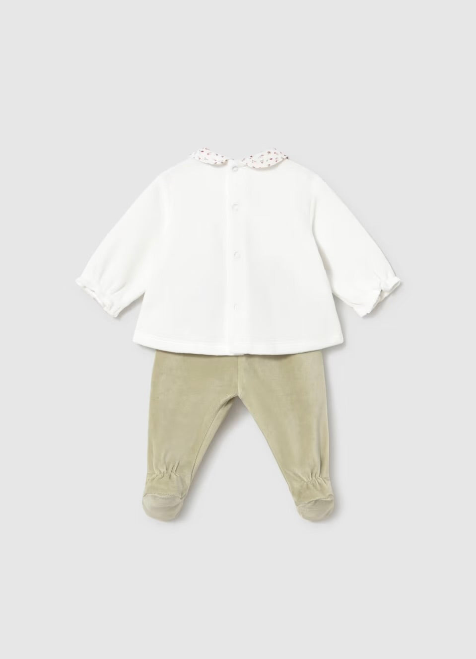 A baby two-piece outfit featuring a white long-sleeve top with a small white floral-patterned collar and matching beige footed pants, displayed on a neutral light gray background.