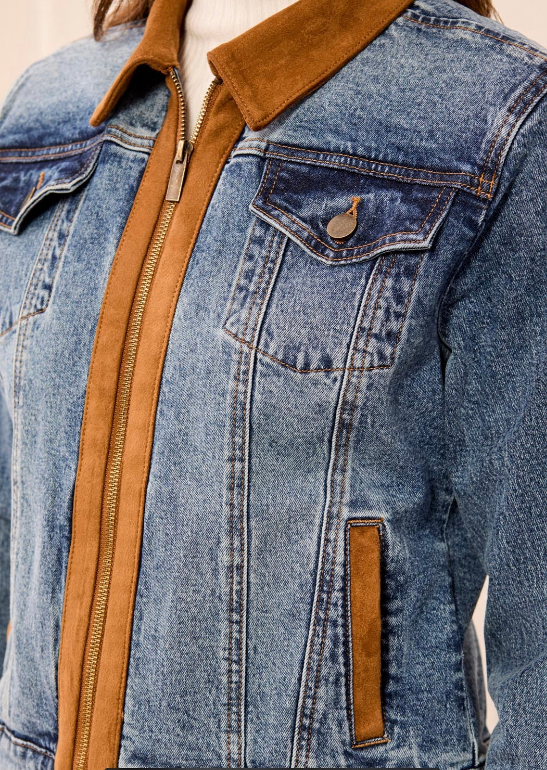 Tribal Women's Mixed Media Zip Front Denim Jacket With Suede Trim
