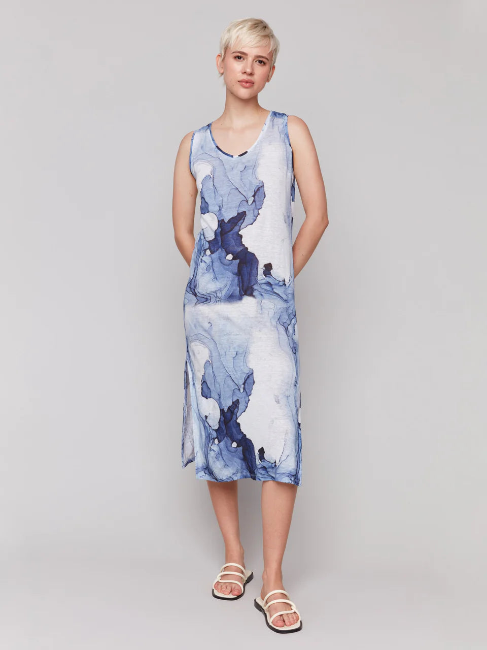 Linen Blend Dress With Side Slits