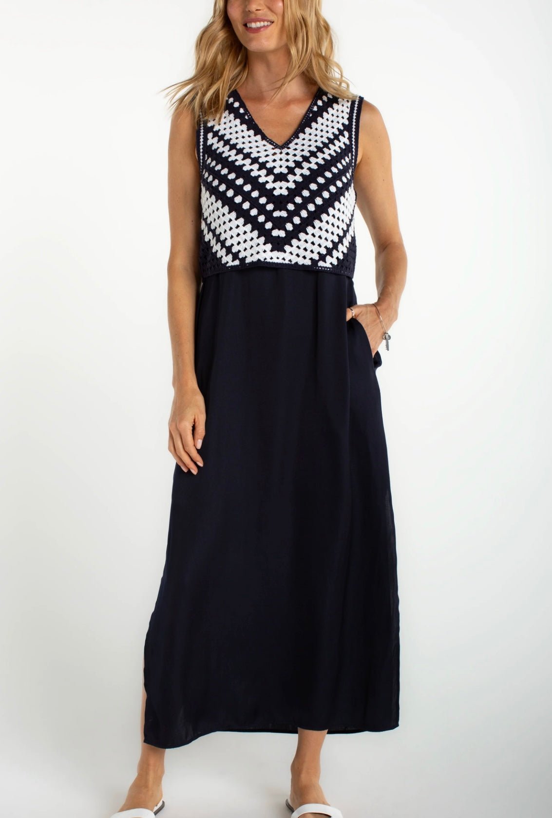Liverpool Sleeveless V-Neck Crochet Dress - OLIVIA'S