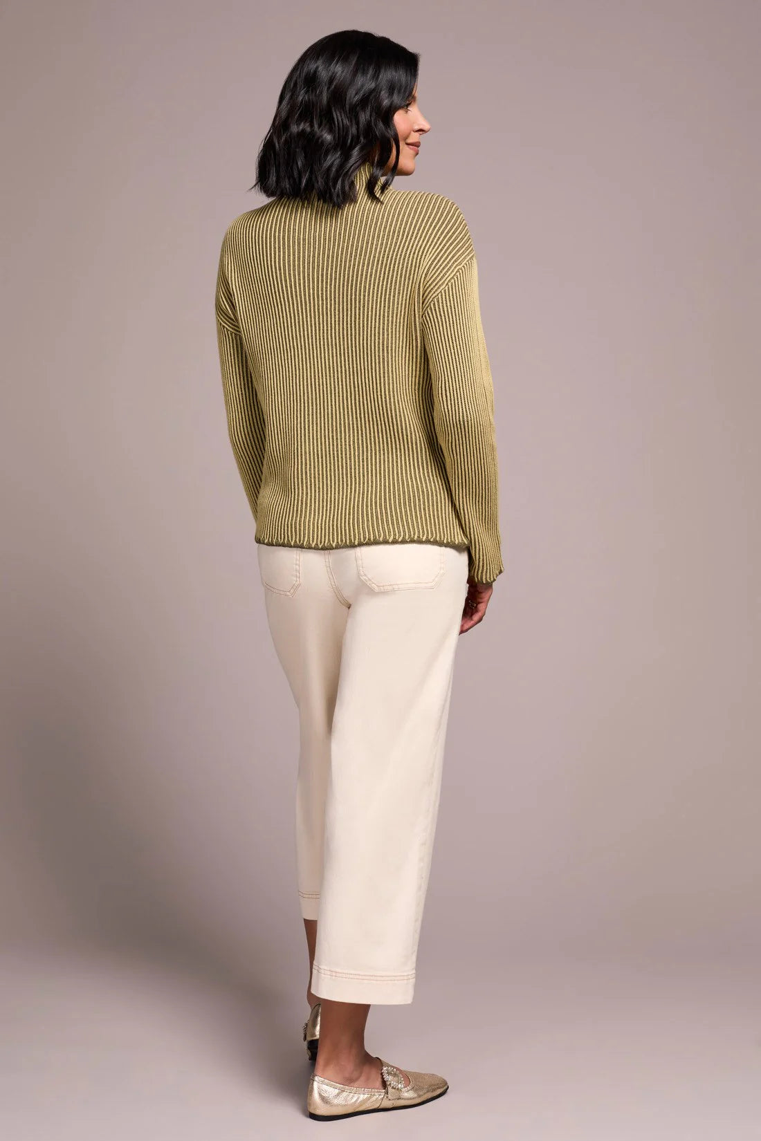Two-Tone Rib Funnel-Neck Sweater
