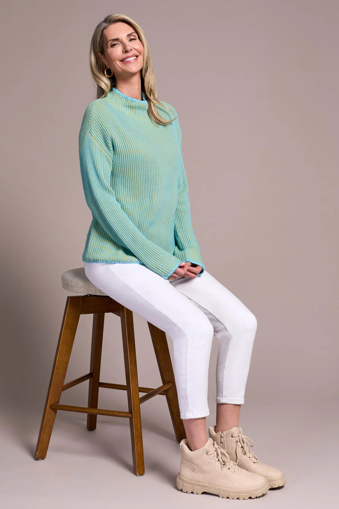 Two-Tone Rib Funnel Neck Sweater