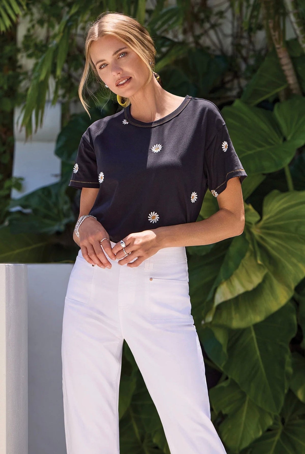 Tribal Embroidered Daisy Short Sleeve Top - OLIVIA'S