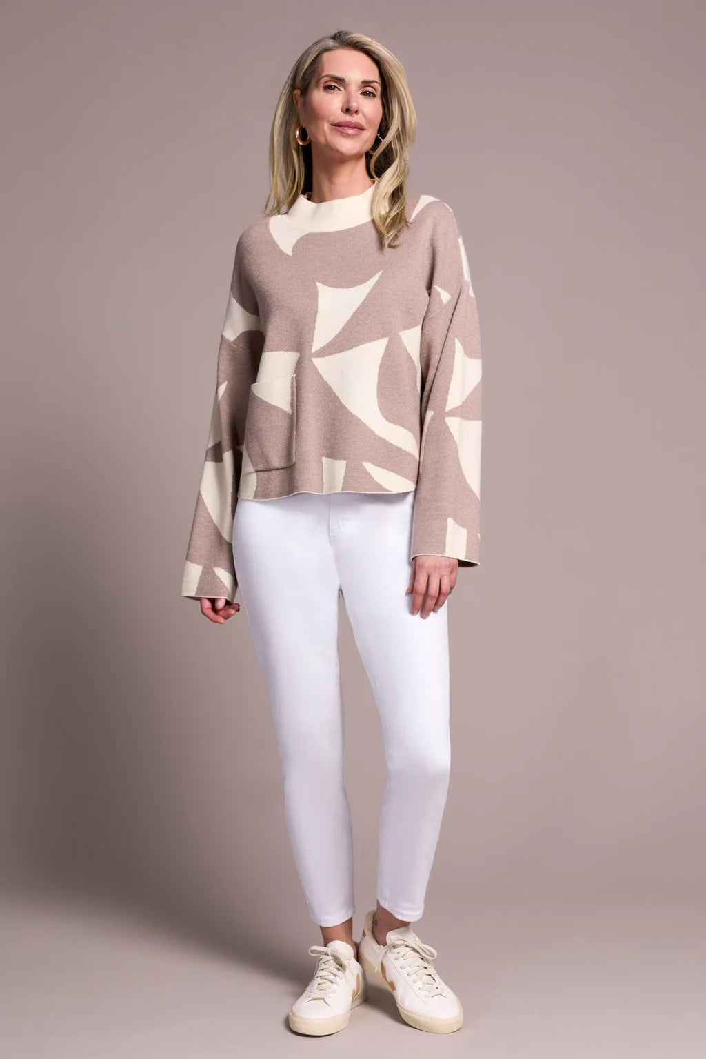 Mock Neck Abstract Sweater - Sand