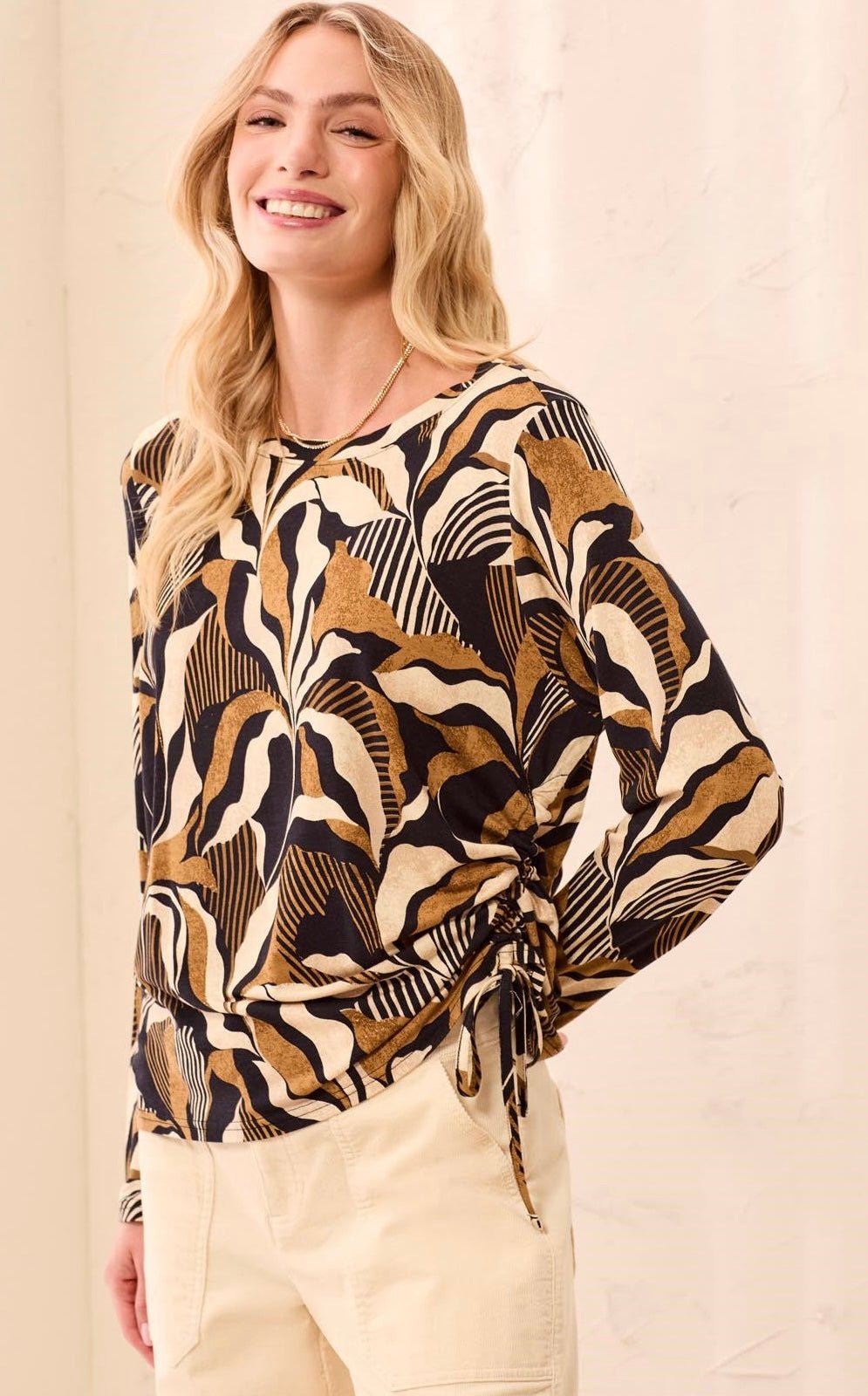 Tribal Women's Long Sleeve Crew Neck Top With Rushing - OLIVIA'S